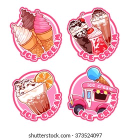 Set of four stickers with ice cream. Vector logo template isolated on a white background.