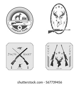 A set of four stickers: two sniper rifles, a deer head with antlers, a dog and a duck. totally vector illustration.