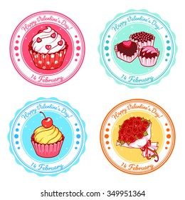 Set of four stickers for Valentine's Day with muffins, candies and bouquet of flowers. Logo template. Four round badge with pastel colors. Vector icons set on a white background.