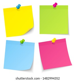 Set Of Four Sticky Notes With Pins Yellow Green Blue Pink