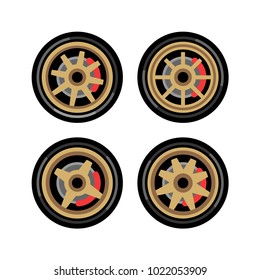 Set of four stilyzed car rims and wheels. Vector illustration, isolated. Flat style.