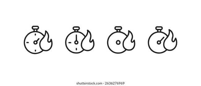 Set of four stopwatch icons with flame symbol for timing and speed.