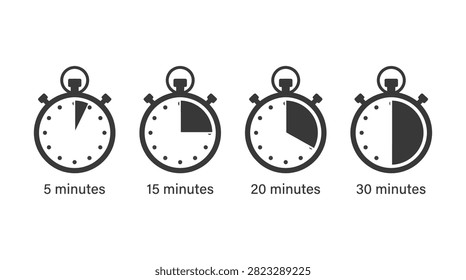 Set of four stopwatch representing five, fifteen, twenty, and thirty minute intervals in black silhouette on a white background