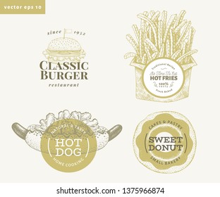 Set of four street food logo templates. Hand drawn vector fast food illustrations. Hot dog, burger, french fries, donut retro labels