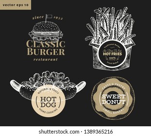 Set of four street food logo templates. Hand drawn vector fast food illustrations on chalk board. Hot dog, burger, french fries, donut retro labels