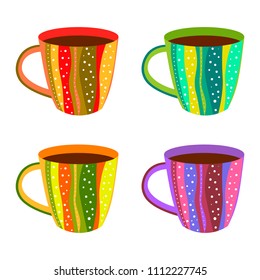 Set of four striped colorful ceramic or porcelain cups or mugs with polka dot patterns. Hot beverage coffee or tea inside. Flat design vector illustration