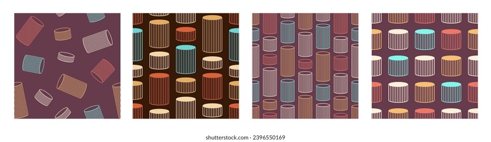 Satz von vier gestreiften Zylindern nahtlose Muster. Stilvolles Musterdesign. Geometrische Formen Vektornahtlose geometrische Farbhintergründe.