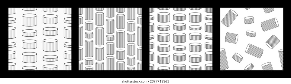 Set of four striped cylinders seamless patterns. Stylish pattern design. Geometric shapes patterns. Vector seamless geometric black and white backgrounds.