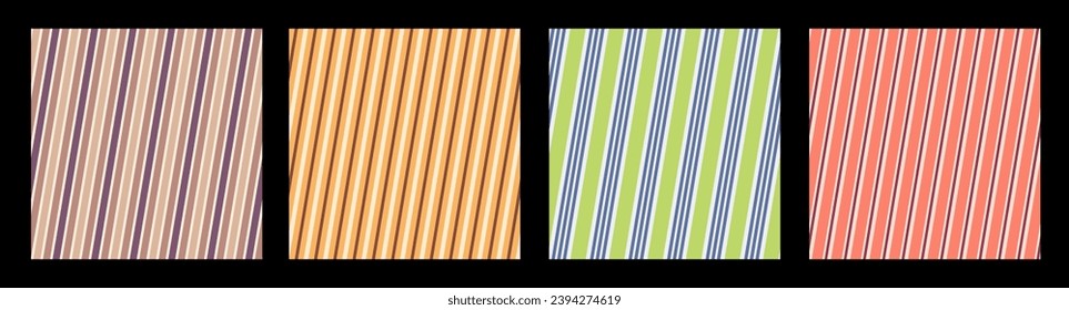 Set of four striped seamless patterns, fabric textures with slanted, skew stripes. Geometric patterns. Retro color patterns. Color backgrounds for fabrics, textile, decoration, scrapbooking.