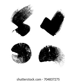 Set of four strokes of paint textured, grunge, black isolated on white background. Vector illustration.