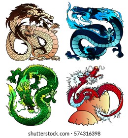 Set of four strong Asian east dragons of colors and elements on the Chinese horoscope. Strong brown earth monster. Majestic black water pangolin. Cunning green wood and newborn red fiery spirits.