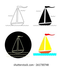Set of four styles of sails boat: black lines on white, black shapes on white, gold contours on black and coloured fill only