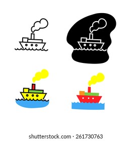 Set of four styles of steam boat: black lines on white, white lines on black, black contours with coloured fill and coloured fill only