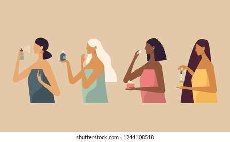 Set of four stylish beautiful women with different race, skin and hair color. They use different types of cosmetic bottles of natural cream for body and face care and beauty. Flat design. 