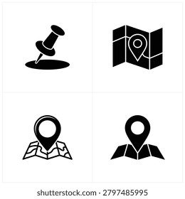 Set of four stylish icons featuring map pins and location markers perfect for travel apps and navigation themes