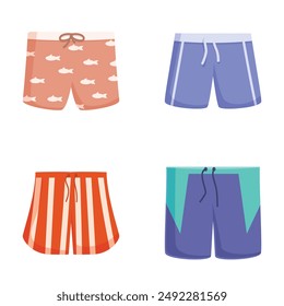Set of four stylish swim trunks with various patterns, isolated on white background