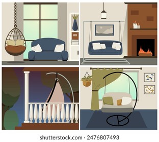 A set of four stylish vector interior designs showcasing a variety of hanging chairs and sofas, ideal for a modern home or garden interior. Comfortable leisure concept.