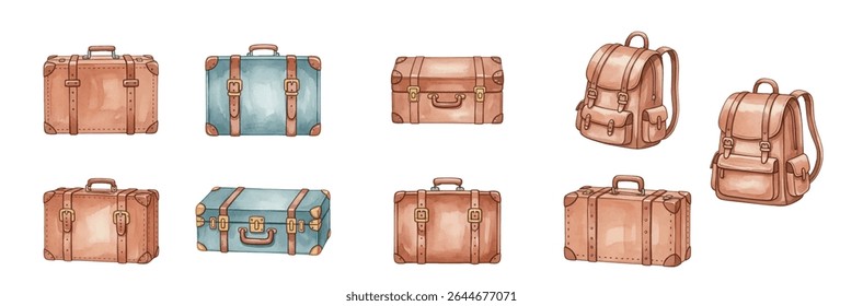 A set of four stylish vintage suitcases in brown, yellow, purple, and green, featuring leather straps and handles. Perfect for travel, adventure, and retro-themed designs.