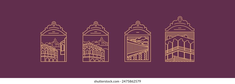 A set of four stylish window frames overlooking the old city. Vector emblems for design. Outline elements, logo, signmark, icon, pictogram.