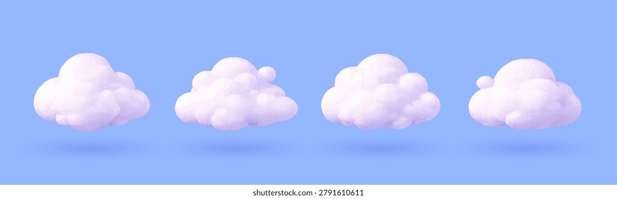 Set of four stylized 3D rendered fluffy white clouds with soft shadows isolated on a solid pastel blue background, featuring diverse puffy shapes for cartoon or digital design.