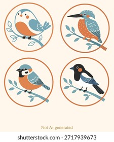 Conjunto de cuatro ilustraciones de pájaros estilizados en marcos circulares, con un martín pescador, gorrión y pájaros cantores en un estilo de diseño plano moderno.