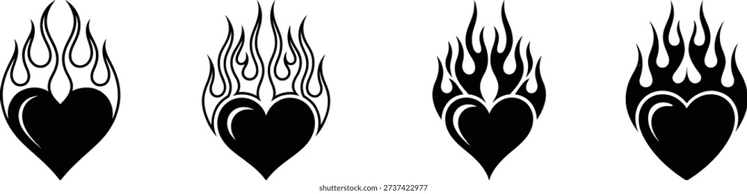 Set of four stylized black heart icons engulfed in flames, symbolizing passionate love, intensity, or a rebellious romantic spirit.