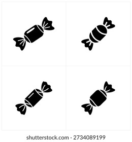 Un conjunto de cuatro iconos negros estilizados que representan caramelos envueltos individualmente.