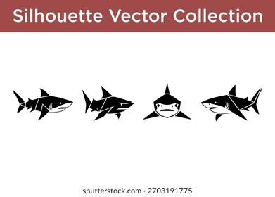A set of four stylized black shark silhouettes with geometric designs.