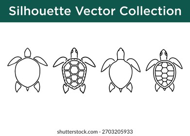 Un conjunto de cuatro estilizadas siluetas de tortugas marinas en blanco y negro, mostrando diferentes patrones de conchas y formas simplificadas.