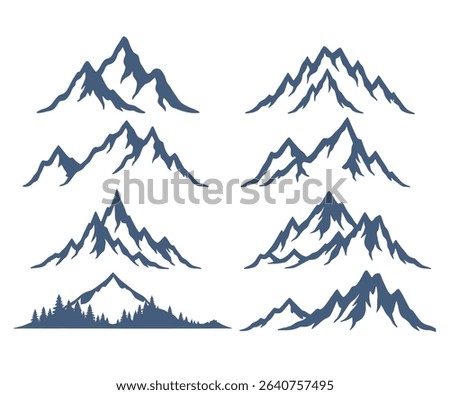 Set of four stylized blue mountain range illustrations, perfect for logos, branding, or outdoor designs.