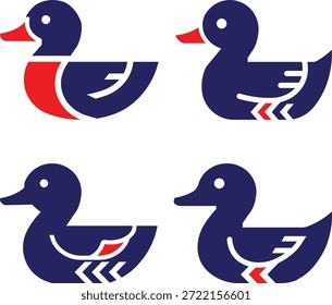 Set of Four Stylized Blue and Red Duck Logo Icons