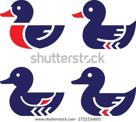 Set of Four Stylized Blue and Red Duck Logo Icons
