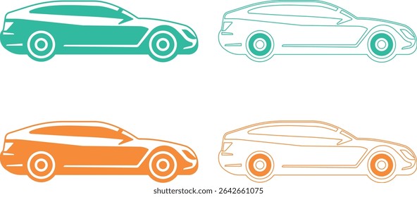 Set of four stylized car illustrations in teal and orange.  Solid and outline versions are included, perfect for automotive branding or infographics.