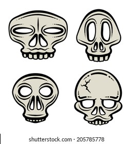 A set of four stylized cartoon skull illustrations. Eps 8 Vector.