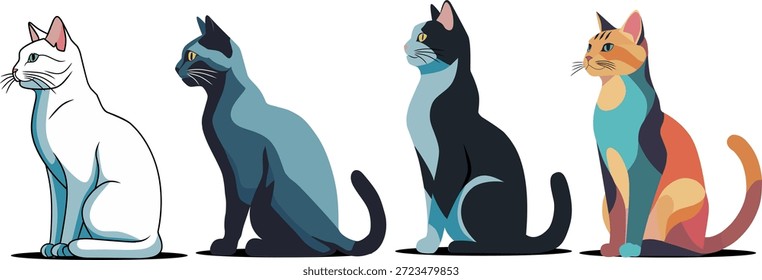 Conjunto de quatro silhuetas de gato estilizado em várias cores. Ilustração de vetor plano. Animais de estimação, animais domésticos e conceito de felino isolado no fundo branco.