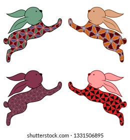 Set of four stylized colorful Easter ornamental rabbits isolated on the white background, hand drawing vector illustration