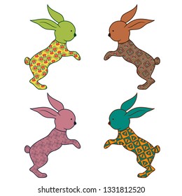 Set of four stylized colorful Easter ornamental rabbits isolated on the white background, hand drawing vector illustration