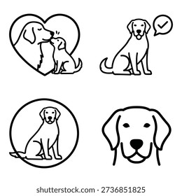 A set of four stylized dog illustrations showcasing a parent and child dog in a heart, a seated dog with checkmark, a dog in a circle, and a dog's face.