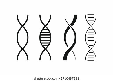 Set of four stylized double helix DNA icons, symbolizing genetics, science, and medical research in a minimalist vector design