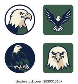 Set of four stylized eagle icons in circular and square formats, showcasing different poses and perspectives.