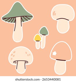 Set of four stylized forest mushrooms in different colors and shapes placed on soft peach background. Decorative and hand-drawn design