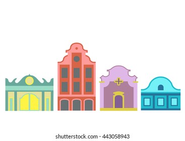 Set of four stylized front facades of old houses. Red, blue, green and purple building on white background.