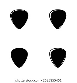 Um conjunto de quatro plectros de guitarra estilizados com um preenchimento preto arrojado e forma triangular arredondada em fundo transparente.