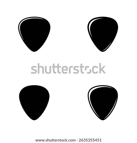 A set of four stylized guitar plectrums with a bold black fill and rounded triangular shape on transparent background.