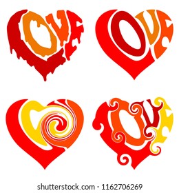 Set of four stylized hearts created with shaped word Love