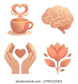 A set of four stylized icons including a brain, hands holding a heart, a lotus flower, and a steaming coffee cup, rendered in a warm gradient aesthetic.