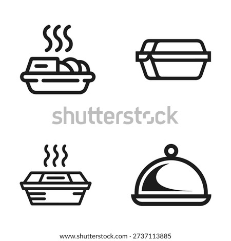 Set of four stylized icons representing various takeaway food containers and a cloche-covered dish.