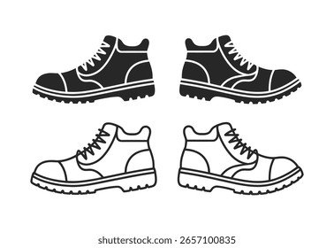 Un conjunto de cuatro ilustraciones estilizadas de botas de senderismo, dos en silueta negra y dos en contorno, sobre un fondo blanco.