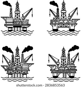 A set of four stylized illustrations of offshore oil drilling rigs with cranes and emitting smoke, depicted on water.