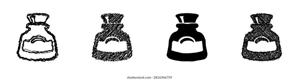 A set of four stylized ink bottle illustrations, ranging from sketchy outlines to solid silhouettes, each featuring a label area